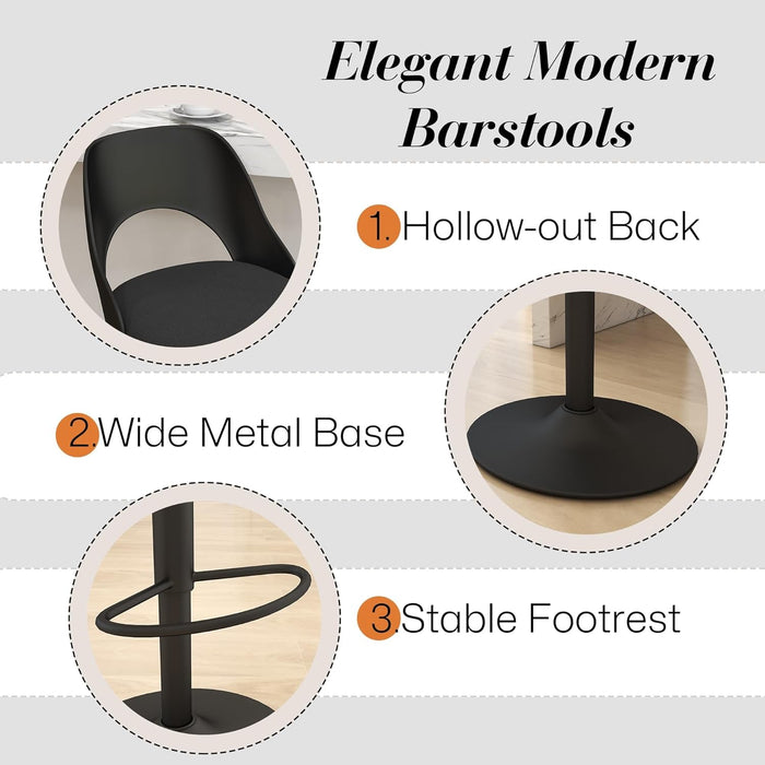 Barstools Set of 3, Height Adjustable Swivel Counter Bar Stool with Hollowed - Out PP Back, Upholstered Chair with Black Metal Base Footrest, Black Seat - ShipItFurniture