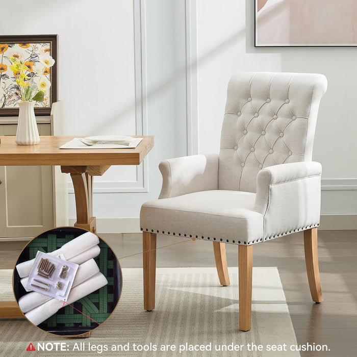 Fabric Dining Chair with Arms, Upholstered Tufted High Back Dining Room Chairs, Accent Armchair with Solid Wood Leg and Nailhead Trim, Kitchen Dining Living Room, Beige