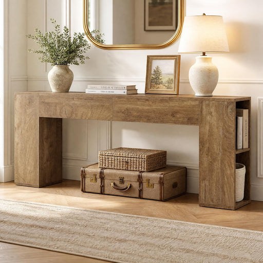 Extra Long Console Table, 79-Inch Entryway Table with 2 Drawers and Side Storage Shelves, Farmhouse behind Couch Table for Entrance, Hallway, Foyer, Living Room, Brown