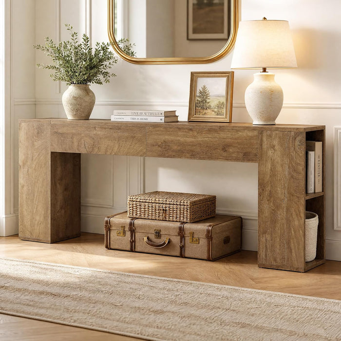 Extra Long Console Table, 79-Inch Entryway Table with 2 Drawers and Side Storage Shelves, Farmhouse behind Couch Table for Entrance, Hallway, Foyer, Living Room, Brown