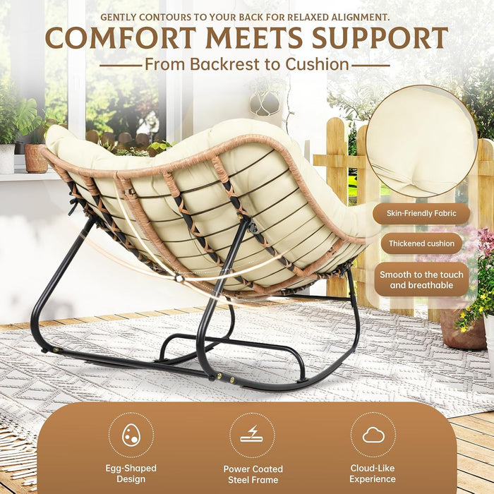 Oversized Wicker Rocking Chair Indoor Outdoor, 450 LBS Heavy Duty Patio Papasan Egg Chair with Cushion, E-Coated Frame Lounge Rocker for Balcony Porch Garden Living Room, Beige