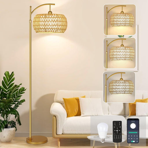 Gold Floor Lamp for Living Room with 3 Color Temperatures,Arc Boho Floor Lamps with Remote Control, Rattan Standing Lamp with Wicker Lamp Shades Dimmable Tall Floor Lamp for Bedroom Living Room Corner