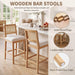 Rattan Counter Bar Stools Set of 4, Farmhouse Bar Stools with Back and Wood Legs, Upholstered Mid Century Modern Fabric Barstools Breakfast Island Chairs for Kitchen Island - White/ 26"