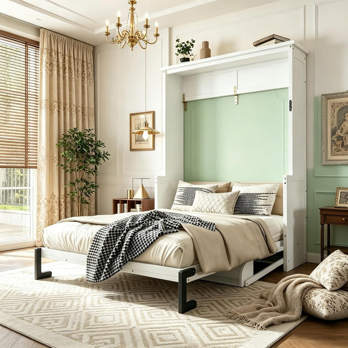 Queen-Size Murphy Desk Bed White-High-Gloss Finish