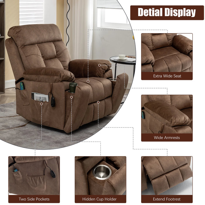 Oversized Electric Massage Lift Chair, Large Power Lift Recliner with Heat Therapy, Fabric Reclining Sofa with Remote, Hidden Cup Holder and Side Pocket for Elderly Seniors, Antique Brown