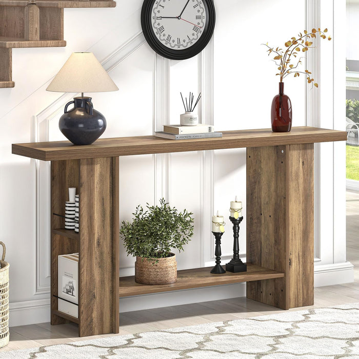 53 Inch Long Entryway Table, 2-Tier Wood Console Table with Storage Side Shelves, Farmhouse Sofa Table for Living Room, Narrow Hallway Foyer Table behind Couch for Home Decor, Rustic Oak