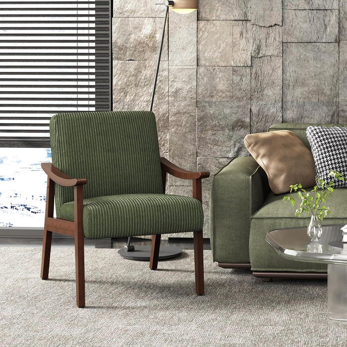 Corduroy Accent Chair, Mid-Century Modern Armchair with Solid Wood Legs, Reading Leisure Chair with High Back for Living Room Bedroom Waiting Room Dark Green