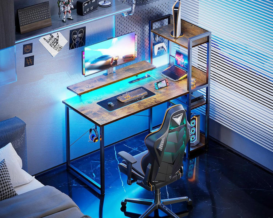 Reversible Gaming Desk with USB Charging Port and LED Lights, 40 Inch Computer Desk with Storage Shelves & Monitor Stand, Writing Study Table for Home Office, Small Space Bedroom, Rustic Brown