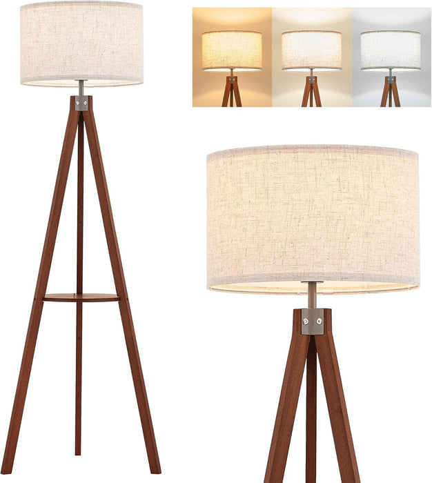 Mid Century Floor Lamp with 3 Color Temperatures LED Bulb, Modern Wood Tripod Table Reading Standing Light, Wooden Shelf Floor Lamp for Farmhouse Living Room Bedroom Office Linen Shade Brown
