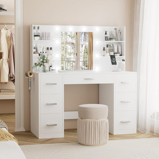 Vanity Desk with Mirror, Power Outlet and 10 Lights, Makeup Table with 7 Drawers, 3 Color Modes Available for Bedroom, Pure White