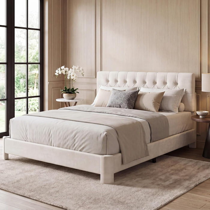 Queen Bed Frame, Velvet Fabric Upholstered Platform Bed with Button Tufted Headboard, Strong Wooden Slats Support, Noise Free, Easy Assembly, Adjustable Headboard, No Box Spring Needed, Beige | Plush Velvet, Varied Fit, Velero Design, Rounded Legs