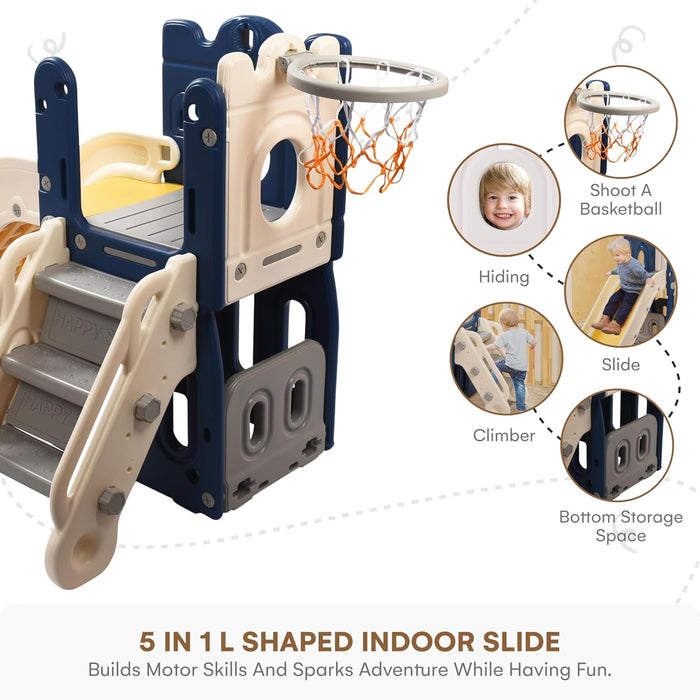 Playhouse with Slide and L-Stair - Basketball Hoop Indoor or Outdoor Playground Set for Toddlers - Handrail, Baby Climber Playset Playground Freestanding Slide - Blue & Yellow