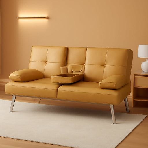 Faux Leather Upholstered Modern Convertible Futon, Adjustable Folding Sofa Bed, Guest Bed W/Removable Armrests - Camel Yellow