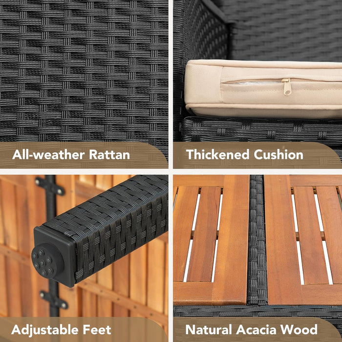 Dining 7 PCS Furniture, Patio Conversation Set with Acacia Wood Table Top, Rattan Outdoor, Black