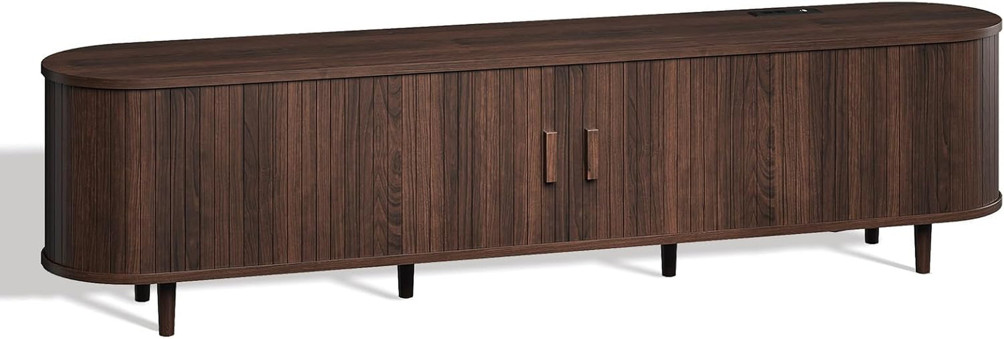 70" Mid Century Modern TV Stand with Sliding Doors, Wood Entertainment Center with Storage and Adjustable Shelves, Fluted Media TV Consoles for Living Room, Walnut