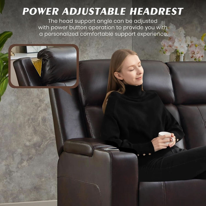 Power Recliner Sofa with Adjustable Headrest, Electric Reclining Couch with LED Light/Armrest Storage, USB & Type-C, Power Loveseat Recliner Sofa for Living Room, Bedroom(Brown, 3 Seater)