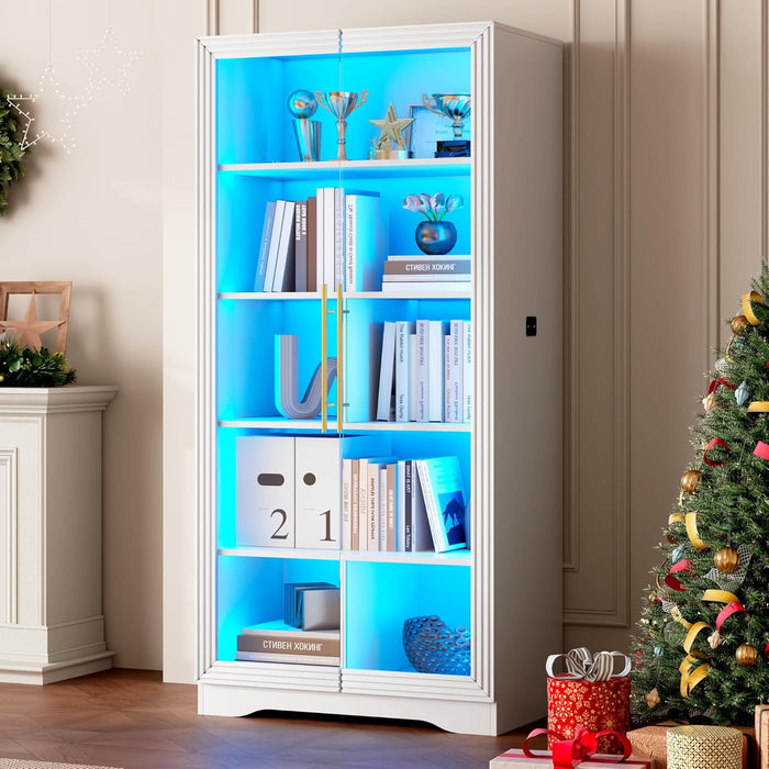 Display Cabinet with Glass Doors, 65" Tall Bookcase with LED Lights/Human Body Sensor, Display Case for Collectibles with Storage, Bedroom, Home Office, Living Room, White