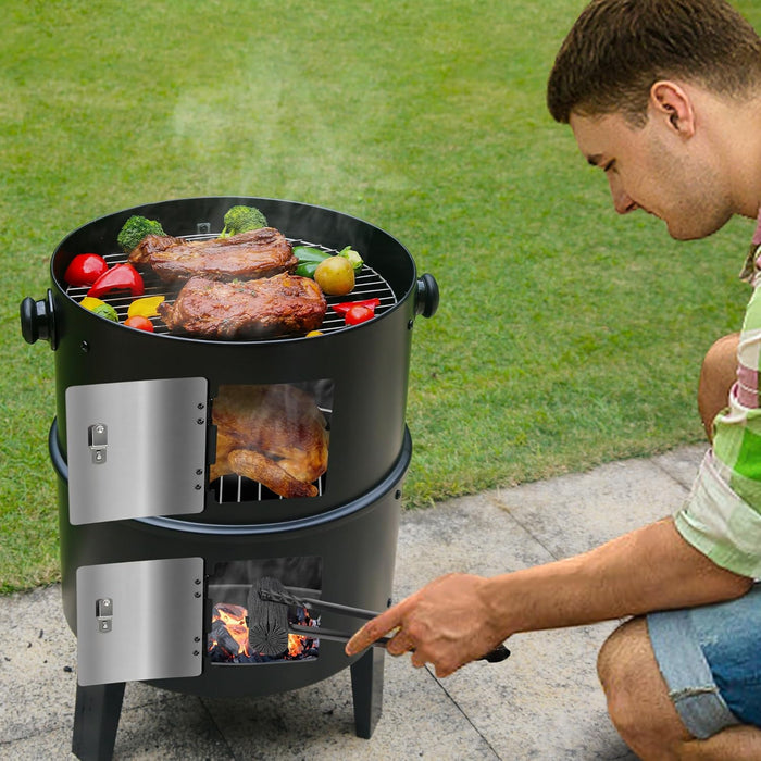 16 Inch Charcoal Smoker, Vertical BBQ Grill, Heavy Duty 4 in 1 Fire Pit with Built-In Thermometer & Adjustable Vent System for Backyard Patio Camping