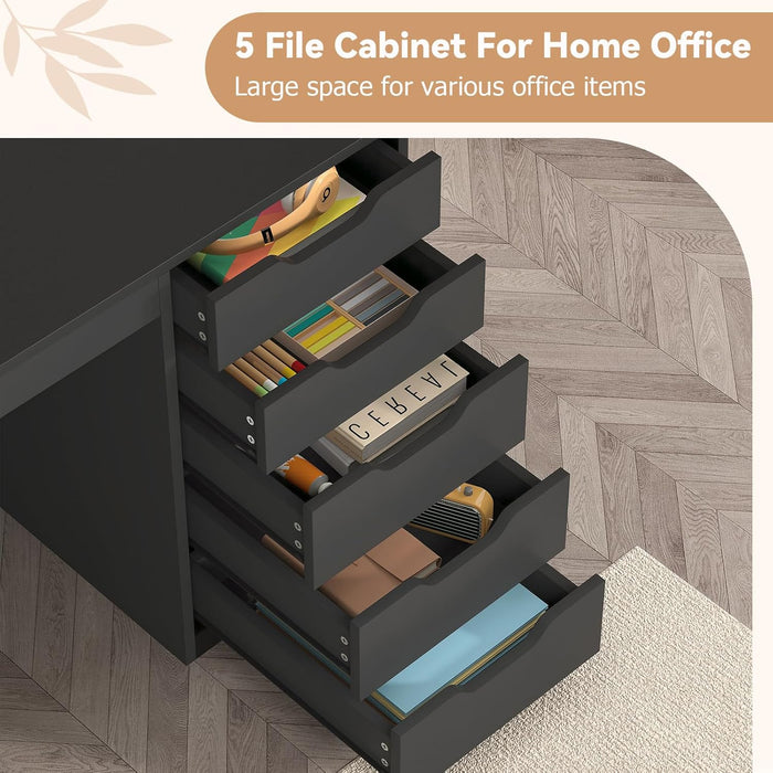 47 Inch Computer Desk with 5 Drawers and Power Outlets, Home Office Desks with Storage File Cabinet, Modern Simple Laptop Desk Writing Table for Small Spaces, Black