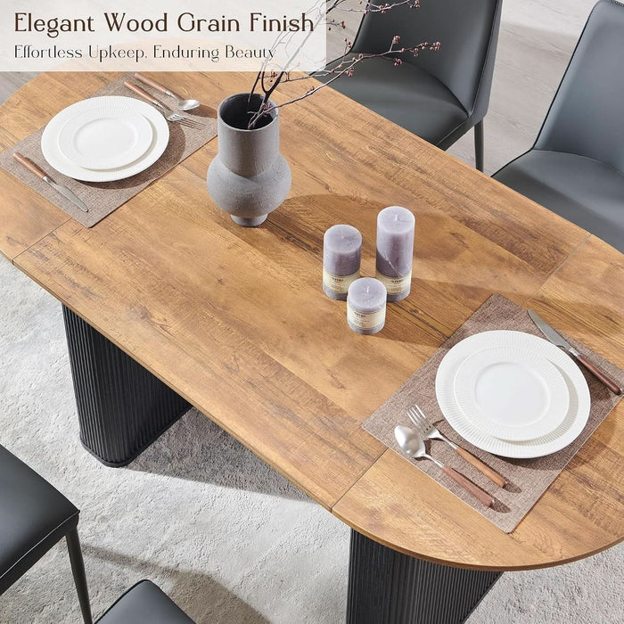 63 Inch Fluted Oval Dining Table for 4-6 People (Brown with Black)