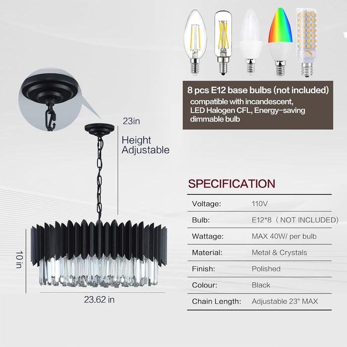 Luxurious Black 24 Inch Crystal Chandelier Dimmable