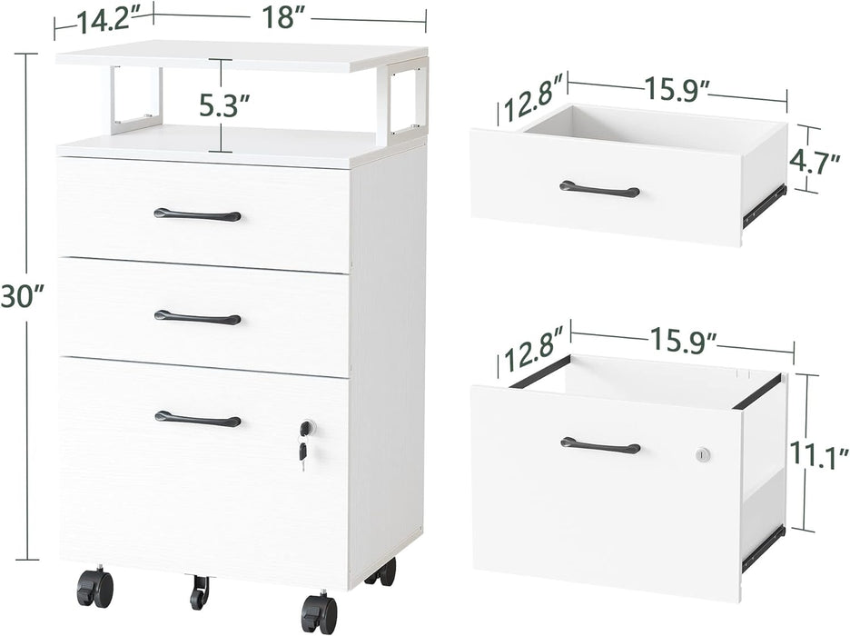 White Mobile File Cabinet, 3 Drawers, Lock