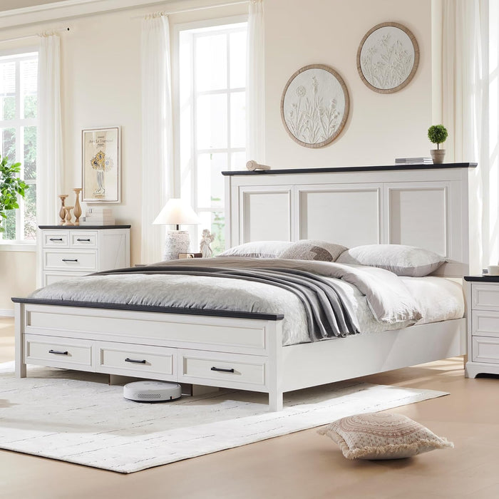 Farmhouse Queen Size Bed Frame with 52" Tall Headboard, Wood Platform Bedframe with Footboard and Storage Drawers, No Squeak, No Box Spring Needed, off White