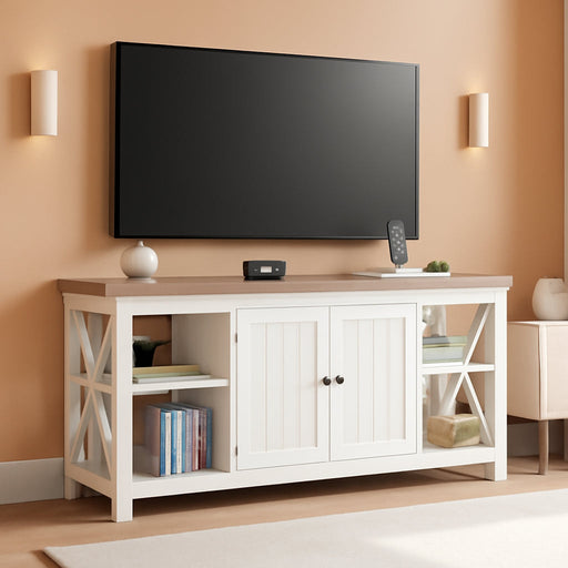 TV Stands for Living Room, Farmhouse Entertainment Center with Storage, Media Console TV Cabinet for 55 Inch TV with Adjustable Shelf & Open Shelves, Grey Wash &White