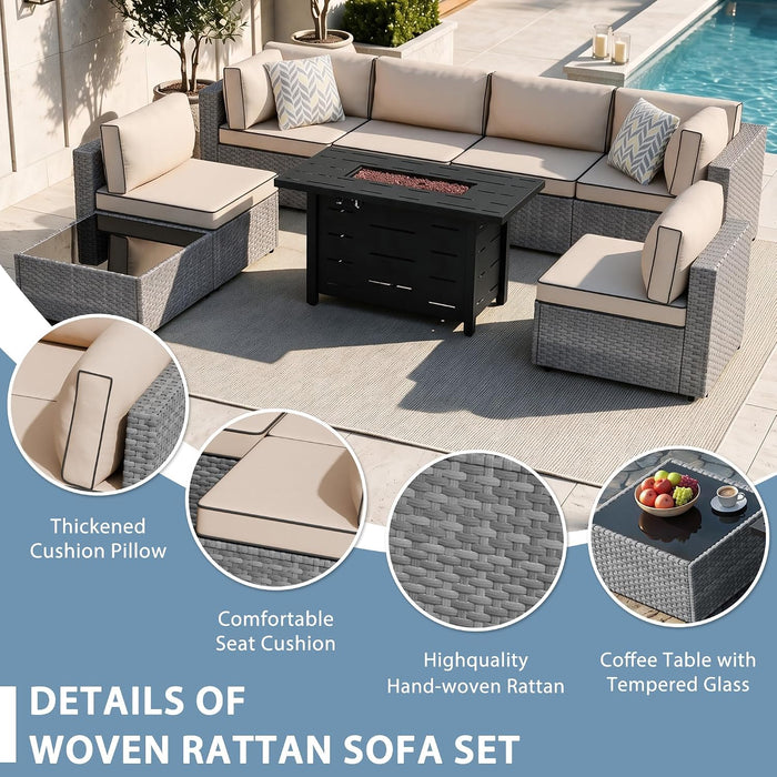8 Piece Outdoor Patio Furniture Set with 43 Inch Propane Fire Pit, Washable Cushions, Glass Coffee Table, Waterproof Cover & CSA Certified for Backyard Poolside, Silver PE Rattan/Khaki