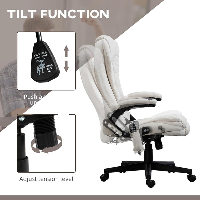 6 Point Vibrating Massage Office Chair with Heat, Velvet High Back Executive Office Chair with Reclining Backrest, Padded Armrests and Remote, Cream White