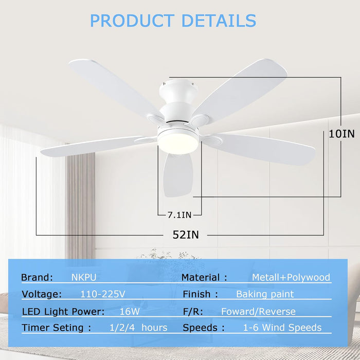 52Inch Ceiling Fans with Lights, Low Profile White Ceiling Fan with Light and Remote/App Control, DC Reversible Motor, Noiseless, Flush Mount Ceiling Fan for Bedroom Living Room Patios