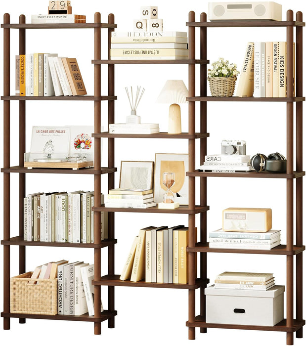 Wooden Triple Wide Bookshelf, 5-Tier Large Open Bookcase, Walnut