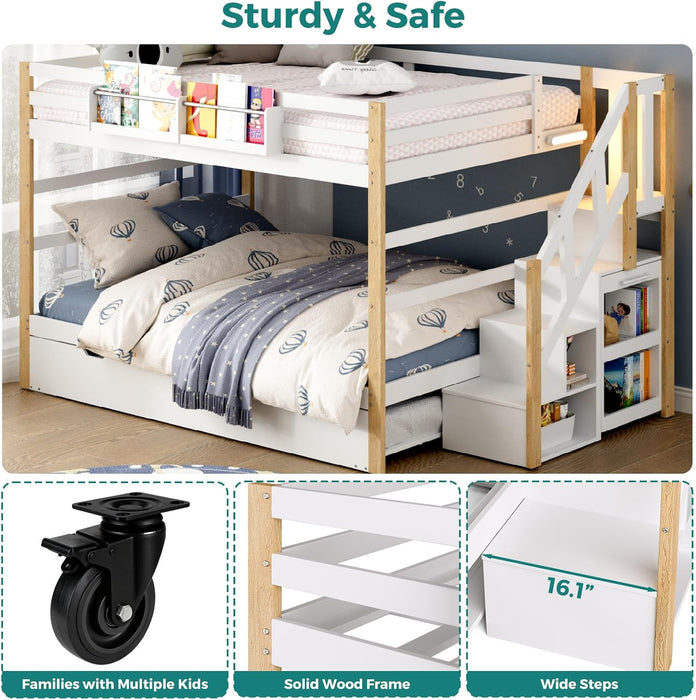 Full over Full Bunk Bed with Trundle and Storage Stairs, Solid Wood Bunk Bed with Foldable Desk, No Box Spring Needed, for Kids, Teens & Adults (White+Wood)