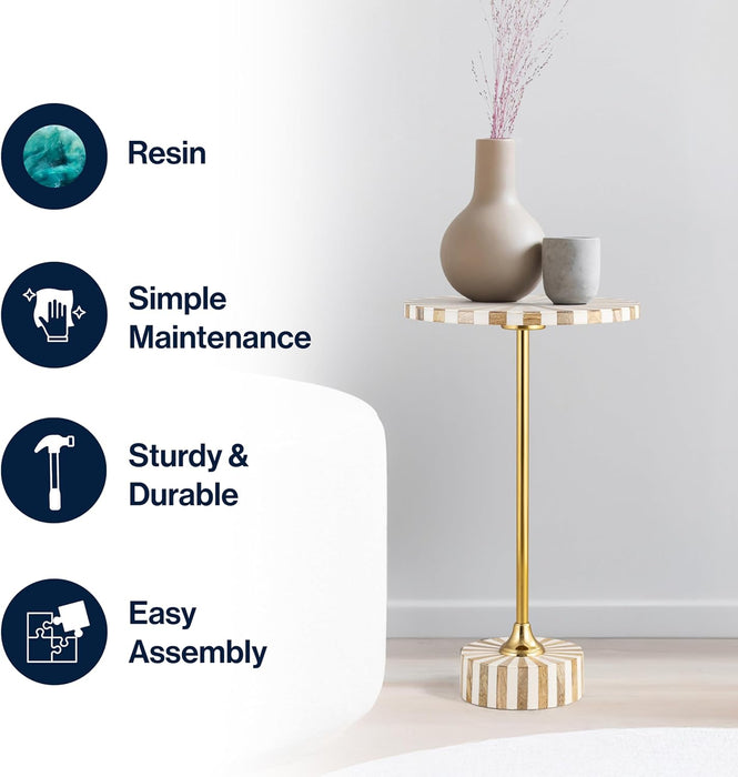 END1004A Calix 23.5" Contemporary Minimalist Metal/Resin round End Table, Light Brown/White Drink Table for Living Room, Bedroom, Office, Bathroom