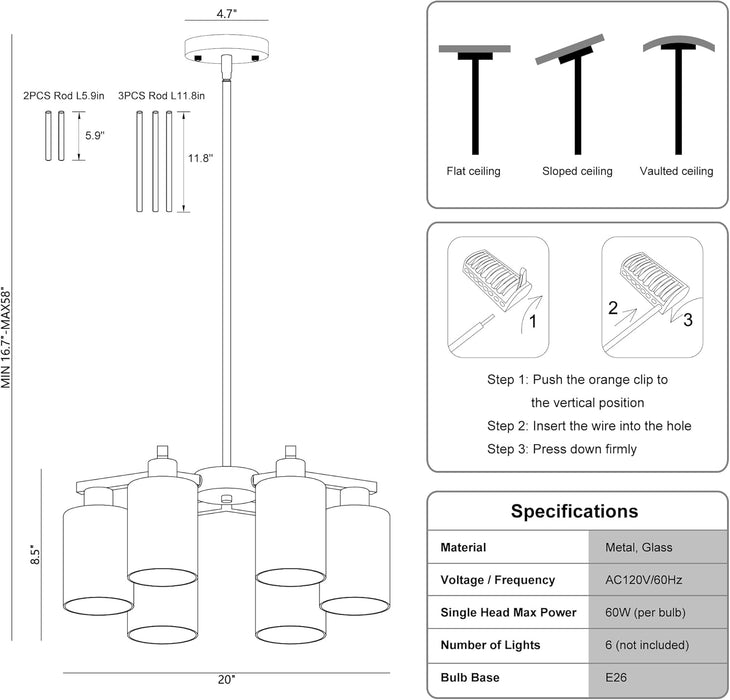 6-Light Modern Farmhouse Brushed Nickel Chandelier, Dining Room Light Fixture over Table Adjustable Height Hanging Industrial Pendant Lights Kitchen Island, Clear Glass Shade
