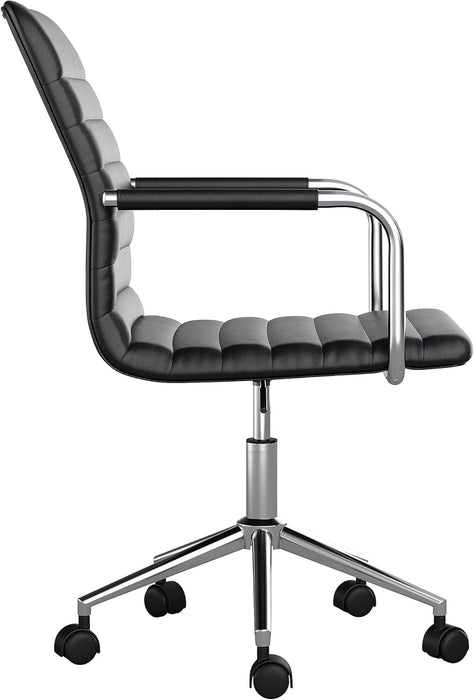 Taytum Swivel Task Chair with Armrests for Home Office in Black Faux Leather with Polished Nickel Frame