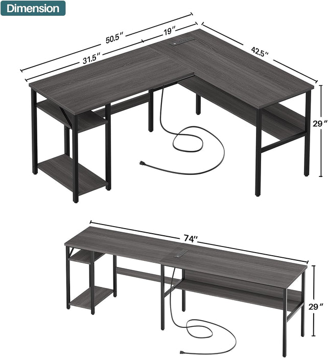 Reversible L Shaped Desk with Magic Power Outlets and USB Charging Ports, Sturdy Corner Computer Desk with Storage Shelves, Gaming Table Home Office Desk, Easy to Assemble, Enoch Walnut