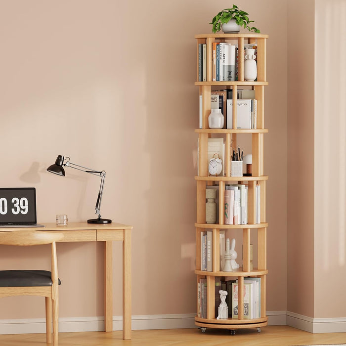 6 Tier Solid Wood Rotating Bookshelf Tower on Wheels, Natural