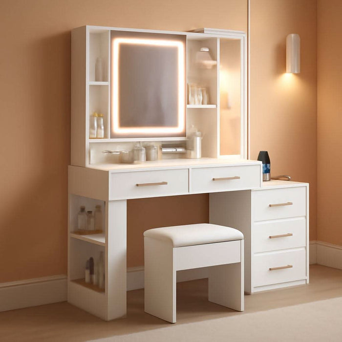 Makeup Vanity Desk with Sliding LED Lighted Mirror, 47.2"W Large Vanity Desk with Drawers, Shelves and Side Storage, RGB Glass Cabinet, White Vanity Table Set with Charging Station for Bedroom