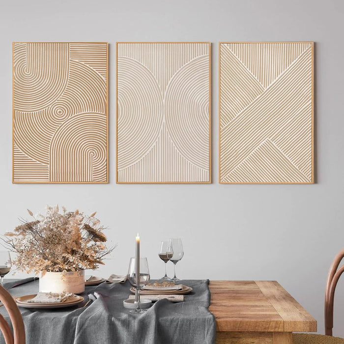 Neutral Minimalist Textured 3D Wall Art Abstract Hand-Painted Framed Wall Decor Geometric Artwork Canvas Paintings- Living Room Bedroom Office - Modern Boho Neutral Line 16"X24" 3 Piece