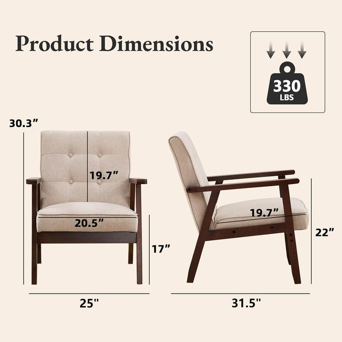 Fabric Mid-Century Modern Accent Chair Set of 2, Upholstered Armchair with Solid Wood Frame, Reading Chair for Living Room, Bedroom
