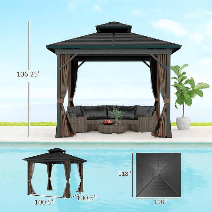 10' X 10' Hardtop Gazebo Canopy with Galvanized Steel Double Roof, Aluminum Frame, Permanent Pavilion Outdoor Gazebo with Netting and Curtains for Patio, Garden, Backyard, Dark Brown