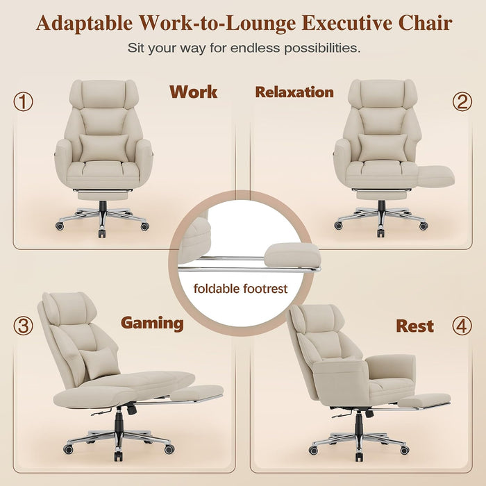 Ergonomic Criss Cross Office Chair with Footrest, Wide Executive Desk Chair with Foldable Armrest for Big and Tall, High Back Computer Chair-120° Tilt Vanity Chair for Meditation,Home,Ivory