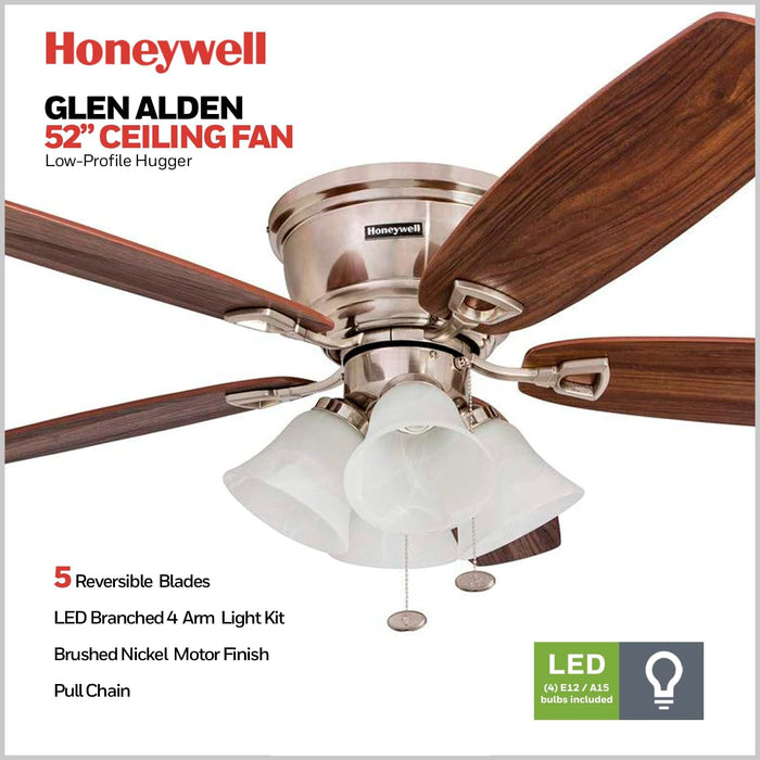 Ceiling Fans Glen Alden, 52 Inch Classic Flush Mount Indoor LED Ceiling Fan with Light, Pull Chain, Quick-2-Hang Dual Finish Blades, Reversible Motor - 50182 (Brushed Nickel)