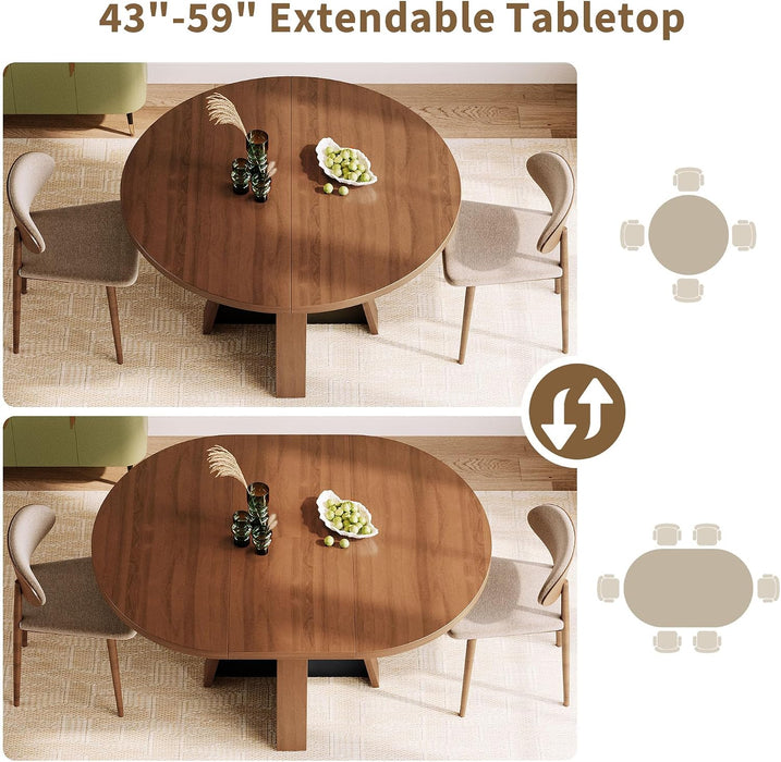 43.3In-59In Extendable round Dining Table for 4-6, Modern Wooden Kitchen Table for Dining Room, Adjustable Size Oval Circle Dinner Tables Furniture for Kitchen Living Room, Walnut Brown