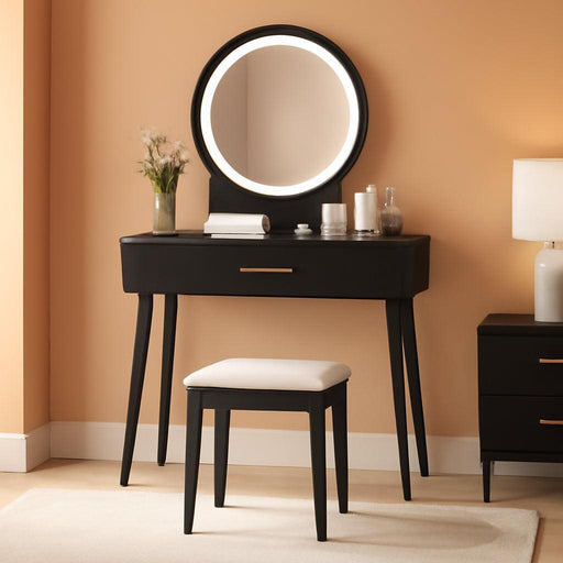 Vanity Desk with Mirror and Lights, Modern Makeup Vanity Table with 4 Drawers, 3-Color Dimmable LED Mirror, Girls Dressing Table and Stool Set for Small Bedroom (Black)