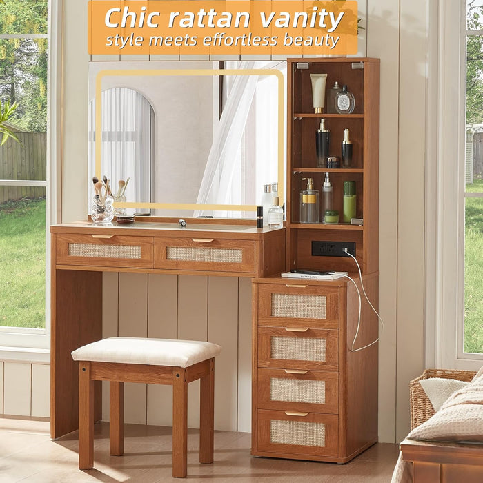 Rattan Vanity Desk with Mirror and Lights, 43.5'' Boho Makeup Vanity with 6 Drawers and Adjustable Shelves, Brown Make up Vanity Dressing Table with Glass Top and Power Outlet for Bedroom