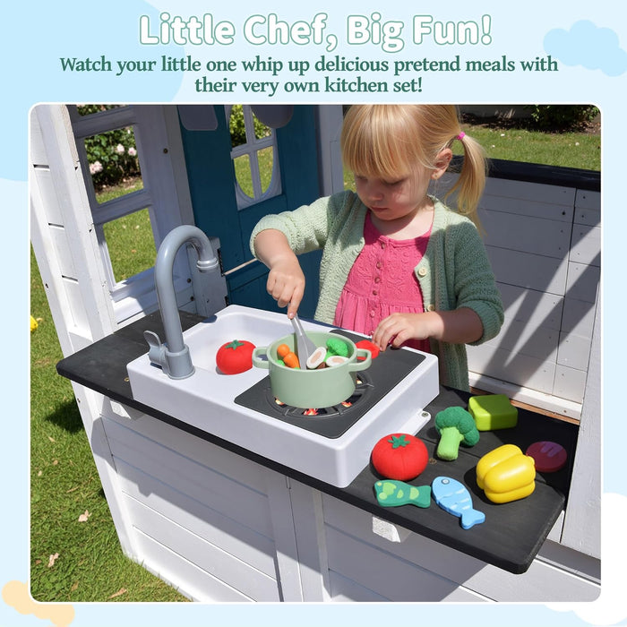 Kids Playhouse – Outdoor & Indoor Playset, Modern White Cedar Wooden Playhouse for Ages 3–8 with Split Dutch Door, Functional Kitchen Set (Includes Stove, Sink), Interactive Doorbell (White)