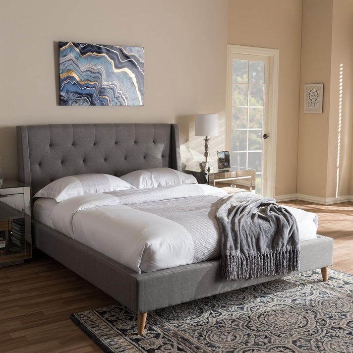 Adelaide Retro Modern Light Grey Fabric Upholstered King Size Platform Bed
