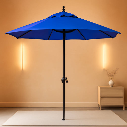 9' round Aluminum Market Umbrella, Crank Lift, Push Button Tilt, Black Pole, Sunbrella Pacific Blue